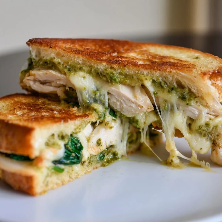 Ein knuspriger Chicken Pesto Panini wird warm serviert, goldbraun gebacken und mit einer Glasur aus Balsamico beträufelt, perfekt für ein Mittagessen.