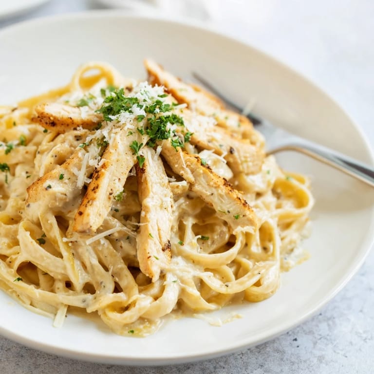 Köstliche Cajun Chicken Alfredo aus scharfem Hähnchen und glatter Alfredo-Soße mit Fettuccine