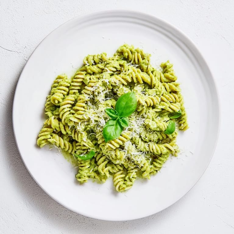 Dieses cremige Creamy Sunflower Seed Pesto Pasta ist perfekt für ein schnelles vegetarisches Abendessen für vier Personen.  