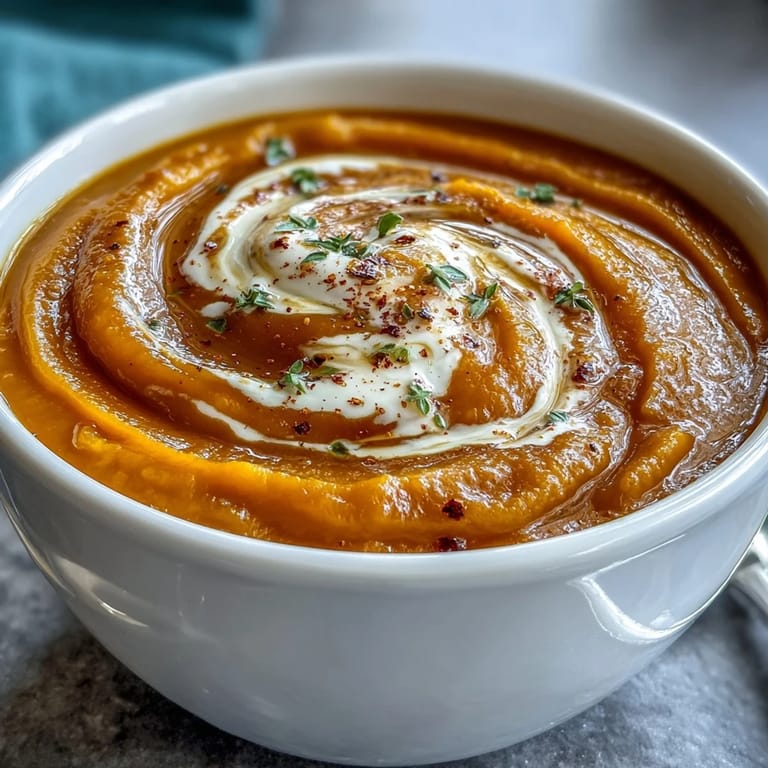 Würzige Butternut Squash Suppe mit Kokosmilch und frischem Koriander garniert.