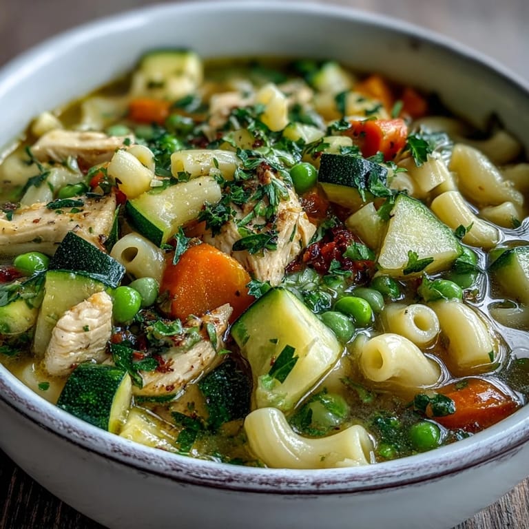 Ein Teller der herzhaften Pasta Soup With Chicken and Vegetables, serviert mit frischer Petersilie und knusprigem Brot.