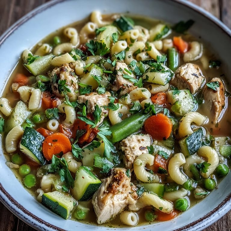 Würzige Brühe mit Al dente Nudeln: Die Pasta Soup With Chicken and Vegetables auf einer blau-weißen Keramikschüssel.