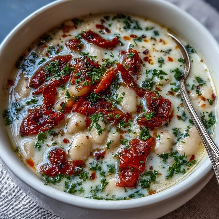 A comforting bowl of white bean soup with tomato topped with olive oil and parsley