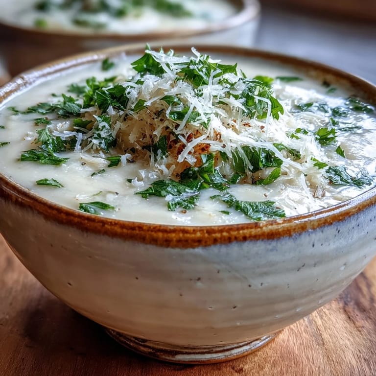 Hot White Bean and Parmesan Soup served with crusty bread for dipping on a wooden board.