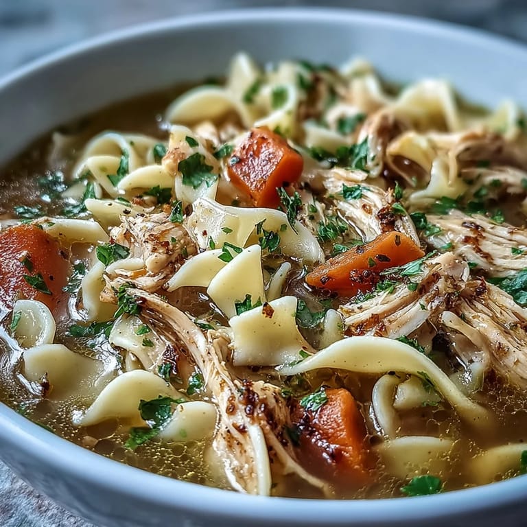Tröstliche Chicken and Noodle Soup mit saftigem Hähnchen und knackigem Sellerie im Tiegel.
