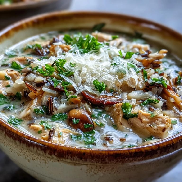 Savory Parmesan Mushroom Chicken and Wild Rice Soup ladled into a cozy bowl beside crusty bread.