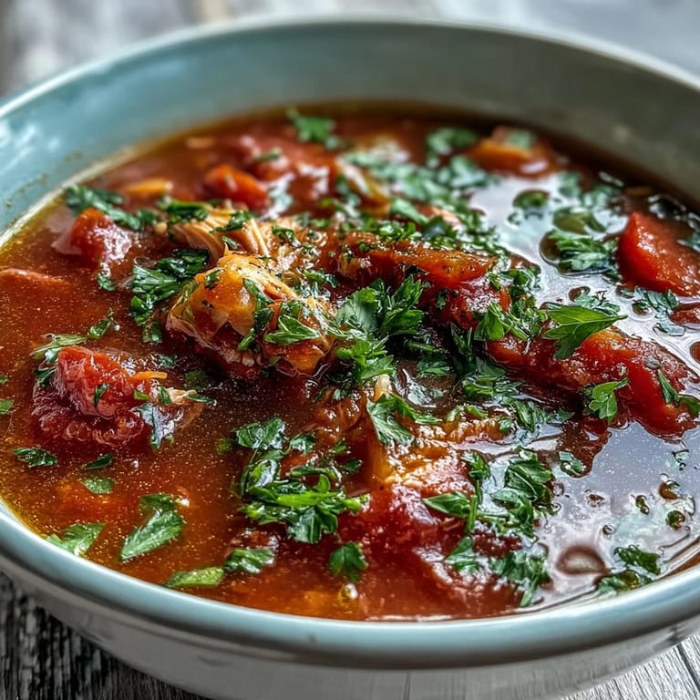 Italienische Tuna and Tomato Soup mit Tomaten, Karotten und Thunfisch garniert.