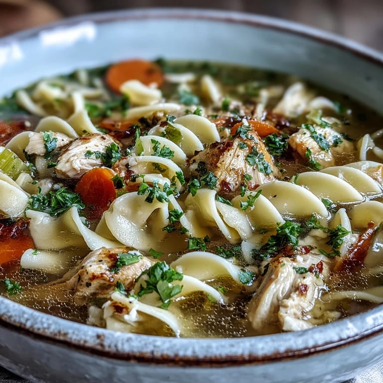 Tröstliche Chicken Noodle Soup mit saftigem hähnchenbrustfleisch, sellerie und karotten, auf küchentisch mit löffel bereit.