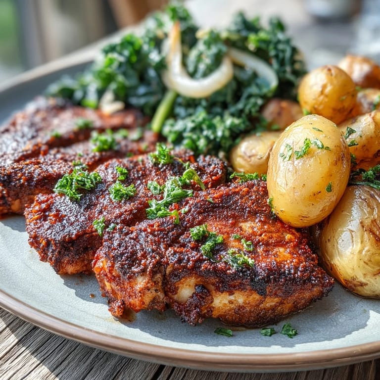 Juicy Aleppo Pork Chops With Potatoes and Greens plated with crisp potatoes and garlicky greens next to lemon wedges.