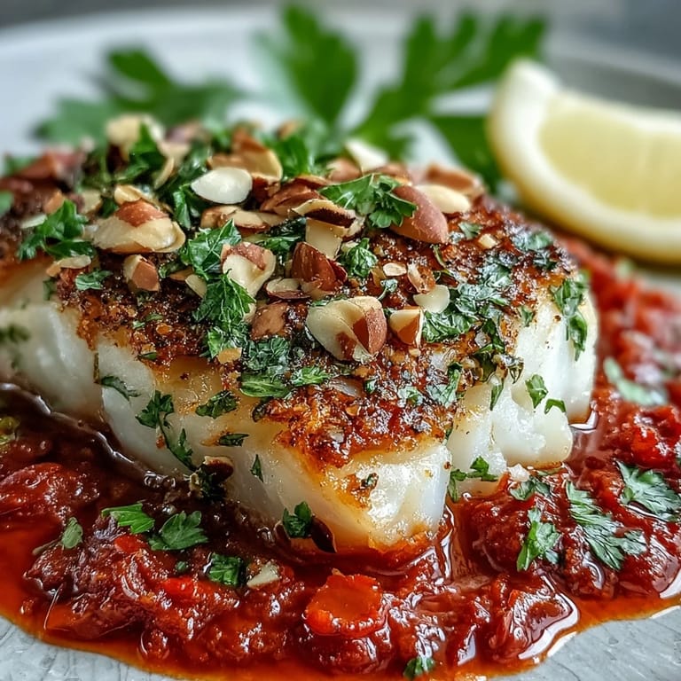 A vibrant plate of Tomato-Roasted Cod With Spiced Almonds and fluffy ginger rice, garnished with fresh parsley.