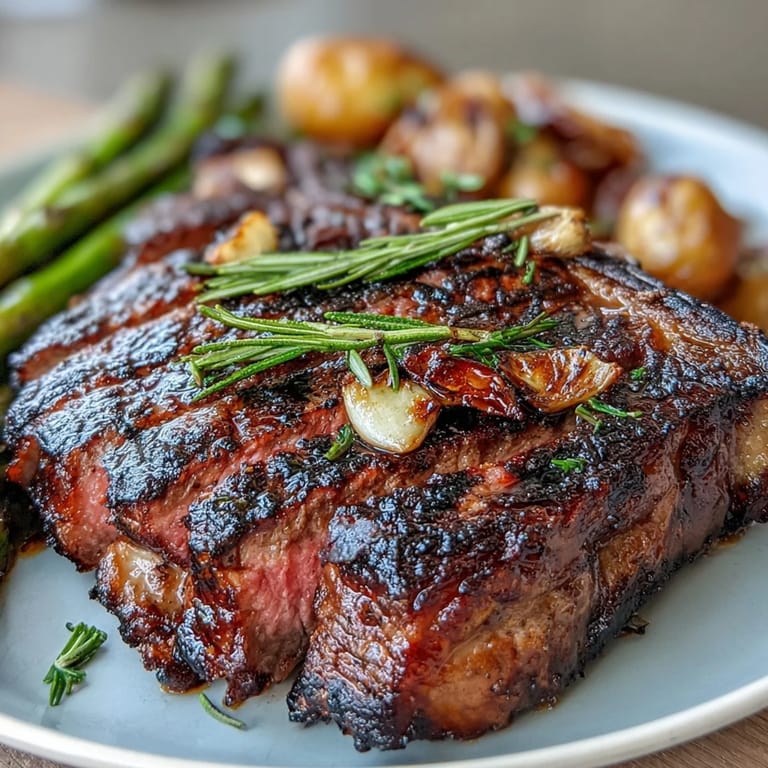 Genussvolle Platte des Grilled Bone-In Rib Eye mit Bratensaft, Petersilienkartoffeln und frischer Zitronenspalte.