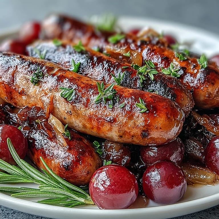 Tender roasted sausage and grapes sizzling from the oven, garnished with fresh rosemary sprigs.