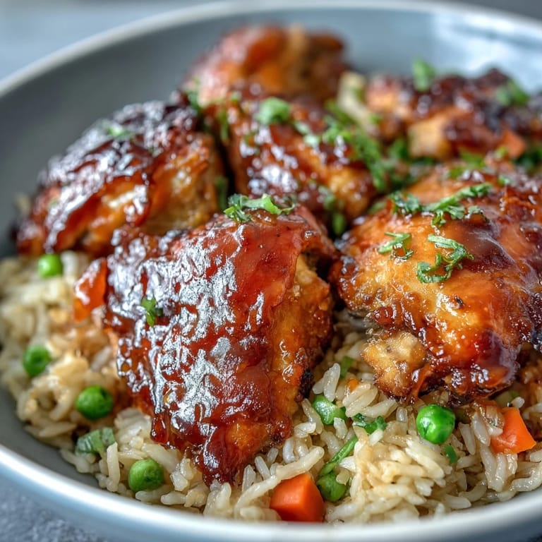 Üppige One-Pan Bold Honey BBQ Chicken Rice mit glasiertem Hähnchen und fluffigem Reis im Topf