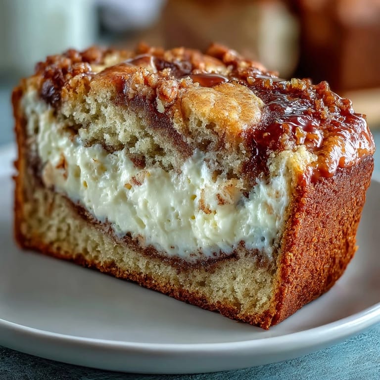 Frisch aufgeschnittene Scheibe Cream Cheese Cinnamon Swirl Banana Bread mit cremiger Füllung und gewürzter Zuckerswirl.