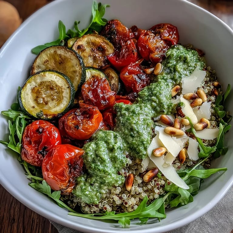 Serviert in tiefen Schalen, dieses Arugula Pesto Bowl Mahlzeit ist ideal für gesunde vegetarische Abendessen.