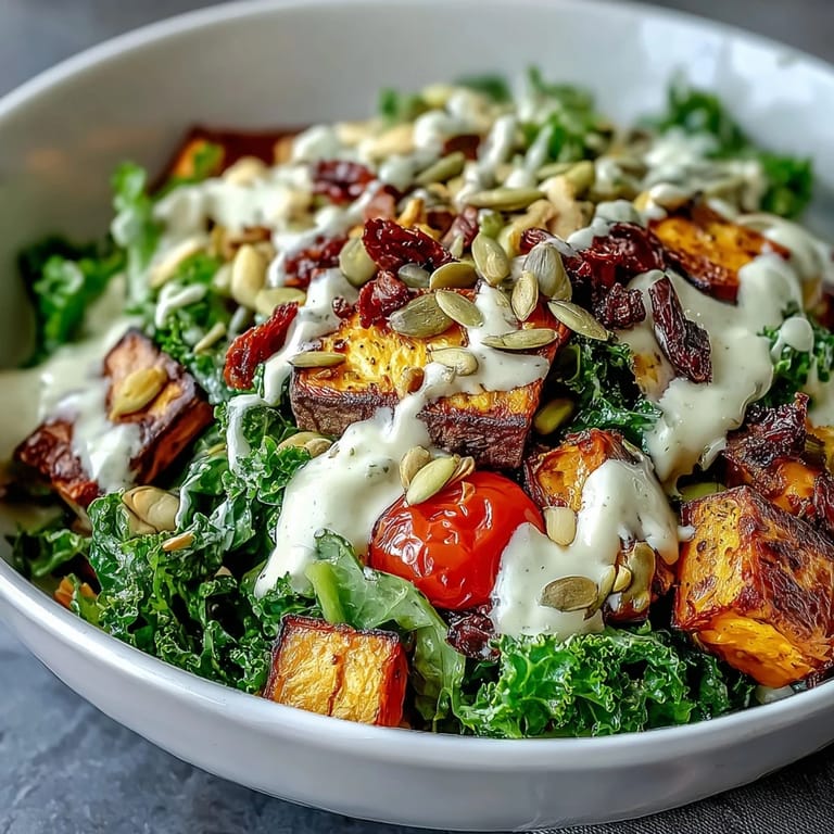 Knuspriger Kale Salad Bowl mit Zucchini, roten Zwiebeln und gehackten Mandeln, belegt mit Kürbiskernen und Sonnenblumenkernen.