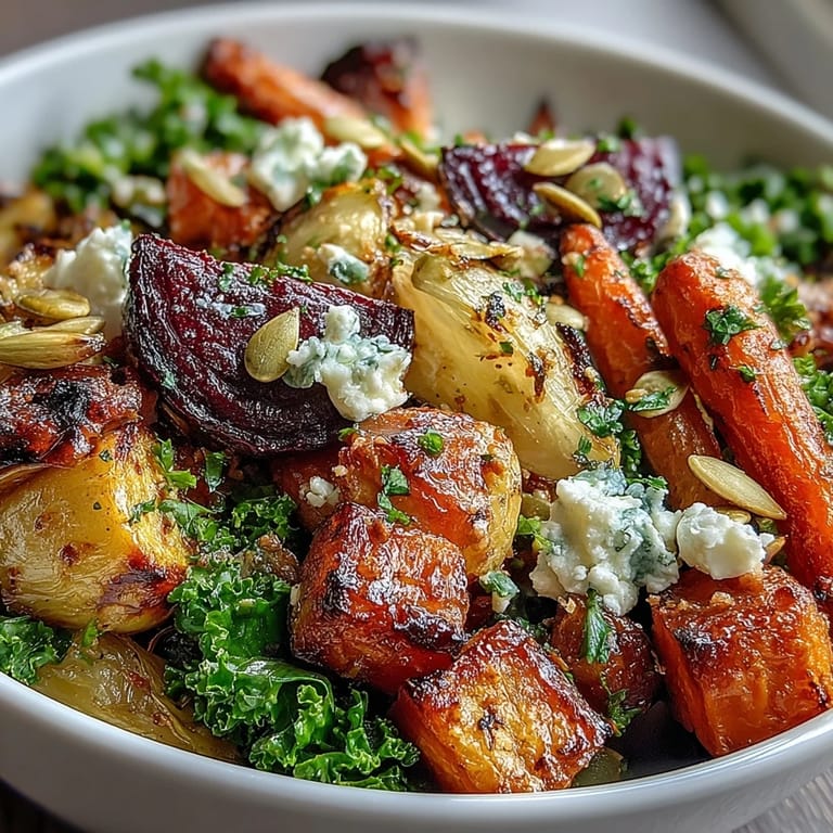 Herzhafte Winter Root Vegetable Bowl mit glasig gebratenen Rübchen, frischer Grünkohlnote und würzigem Feta-Streusel.