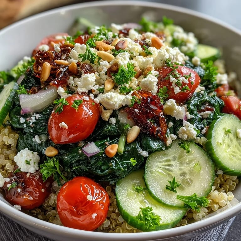 Genießbarer Spinat und Feta Grain Bowl mit gerösteten Pinienkernen und einem zitronigen Olivenöl-Dressing.