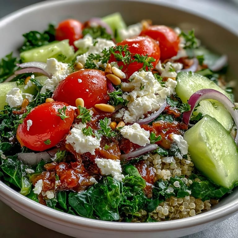 Farbenfroher Spinat und Feta Grain Bowl, belegt mit knackigem Gurken- und Paprikagemüse für ein gesundes Essen.