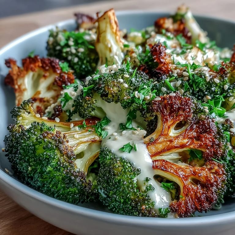 A vibrant vegetarian roasted broccoli bowl with grains, sesame seeds, and lemon.  
