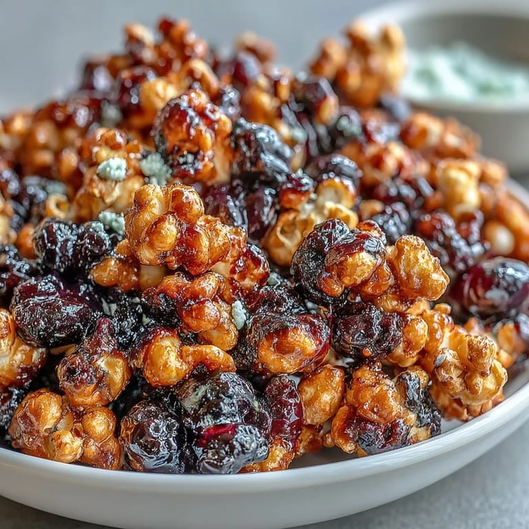 Nahaufnahme von Black Currant Cheesecake Kettle Corn mit cremigem Pulver und spröder Textur, serviert als Dessert.