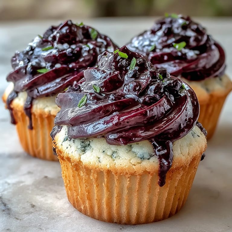 Saftige Olive Oil Cupcakes mit zarter Black Currant Frosting und frischen Beeren garniert.