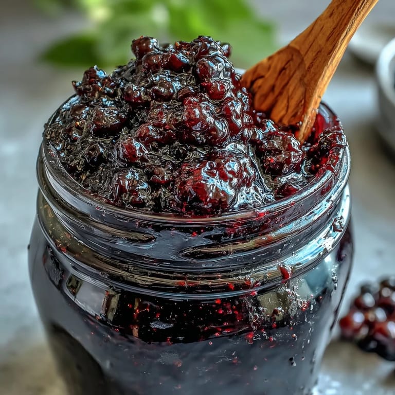 Heimische schwarze Johannisbeeren Konfitüre glänzt rubinrot in sterilisierten Einweckgläsern auf Küchentisch.