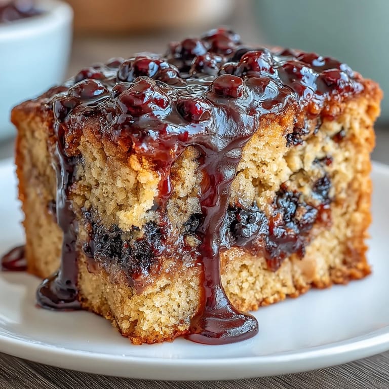 Ein geriffeltes Kuchenstück liegt auf einer Holzplatte, übergossen mit dunkler schwarzer Johannisbeer-Beere-Soße.  
