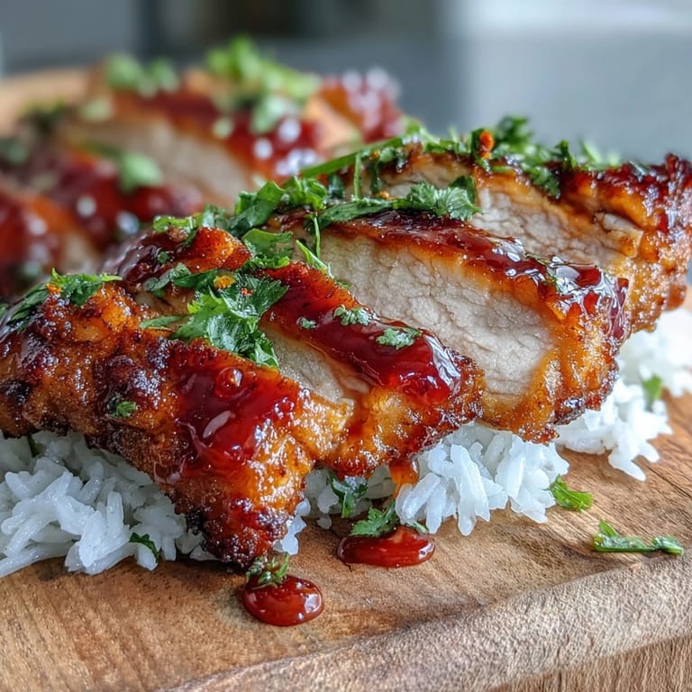 Frisch gebackenes Spicy Maple Chicken auf Kokosreis, mit glasierter Sriracha-Maple-Soße beträufelt und Koriander bestreut