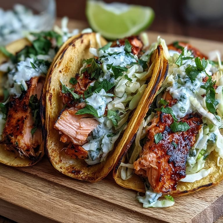 Golden salmon flakes inside Air Fryer Salmon Tacos With Slaw, piled high with tangy slaw and extra hot sauce.
