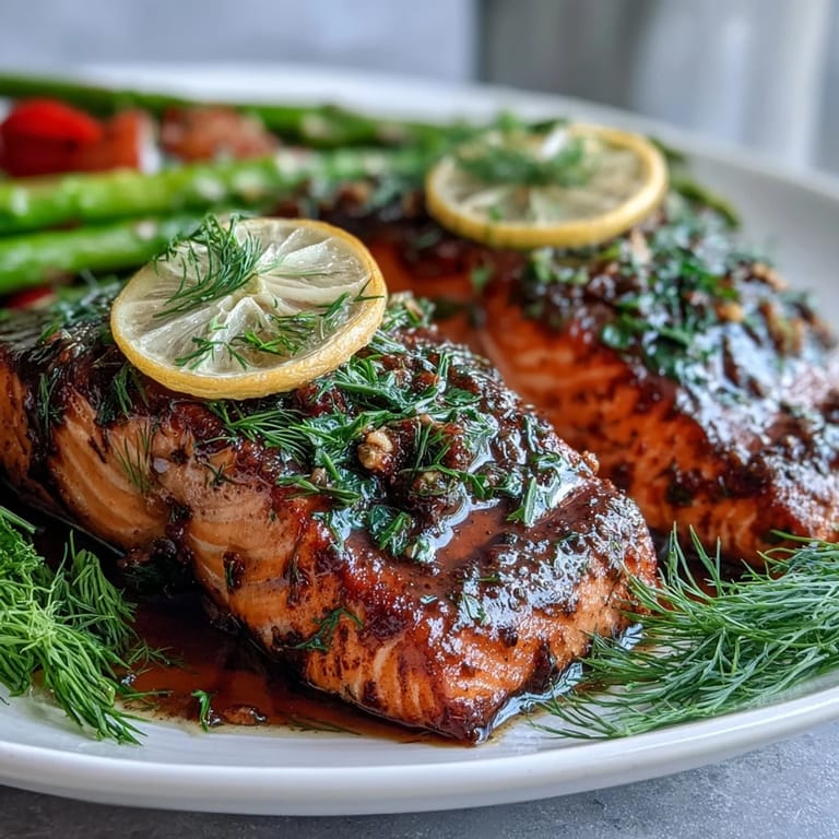Glossy, oven-roasted Marry Me Salmon fillets with lemony glaze, paired with crisp asparagus and cherry tomatoes for a romantic dinner.
