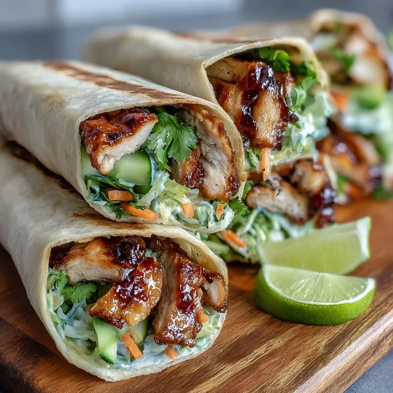 Genieße diese Sweet Chili Chicken Wraps mit Limettenspalten und einer würzigen Sauce.