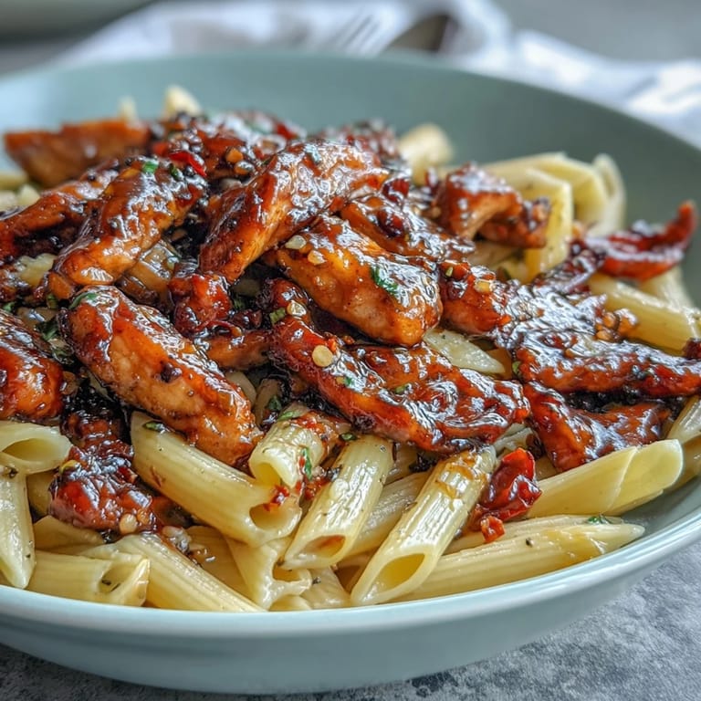 Hähnchenbruststreifen in scharfer Honey-Pfeffer-Sauce auf al dente Pasta