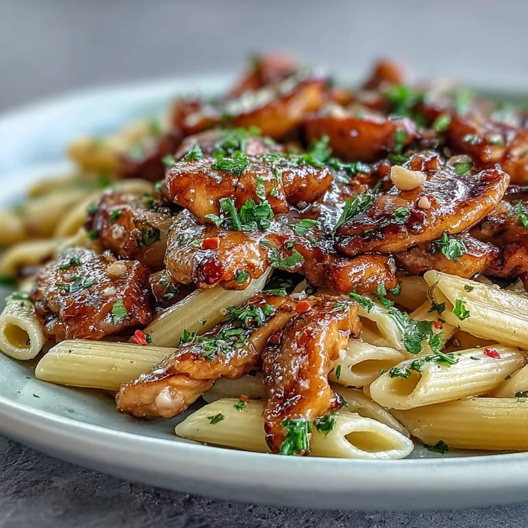 Garnierte Honey-Pfeffer-Hähnchen-Pasta mit Parmesan und glänzender Sauce