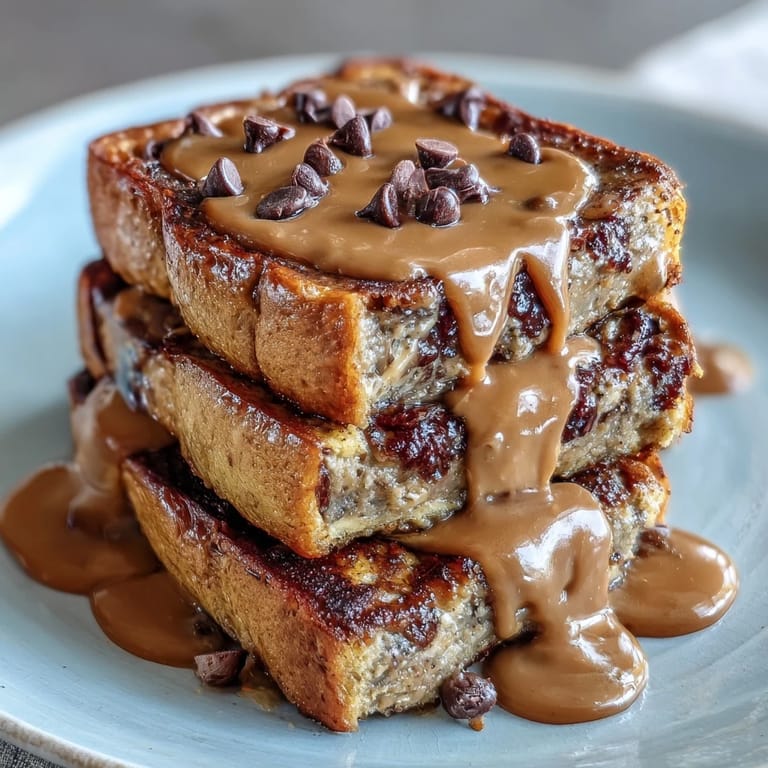 Saftiges, proteinreiches High-Protein Peanut Butter & Chocolate Baked French Toast aus dem Ofen, fertig zum Servieren mit Erdnussbutter.