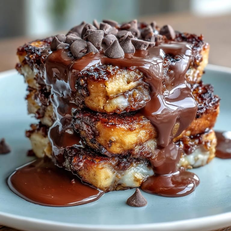 Goldbraun gebackenes High-Protein Peanut Butter & Chocolate Baked French Toast mit einem Schokoladen-Topping und frischen Beeren.