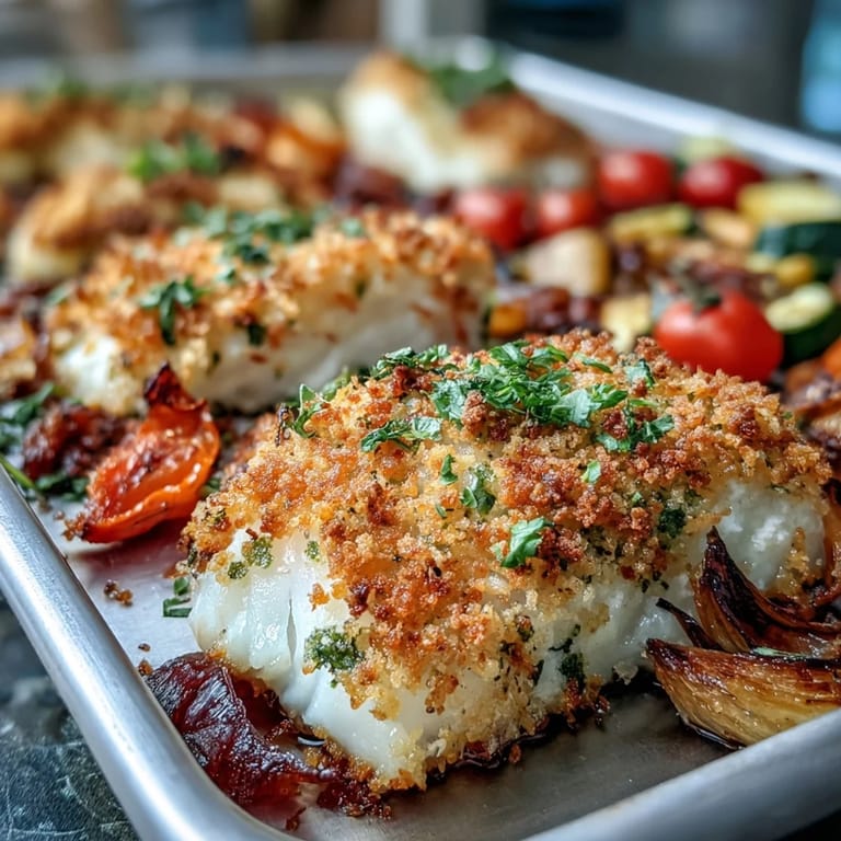 Easy Parmesan Crusted Sheet Pan Fish & Veg, baked cod with cheesy crust alongside tender vegetables on a parchment-lined pan.