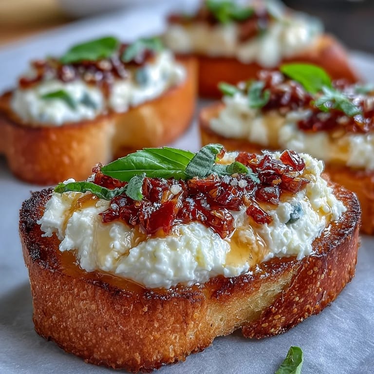 Frisch gebackene Hot Honey Ricotta Bruschetta mit glänzendem Honig und Basilikum garniert.