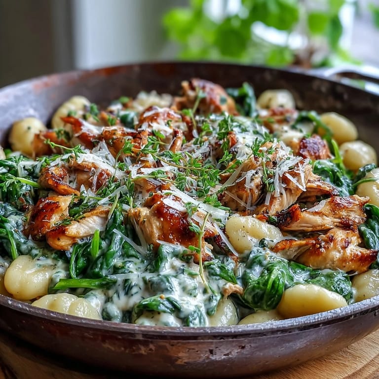 Serving of Creamy Spinach & Parmesan Gnocchi with Chicken plated with a fork, ready to eat.