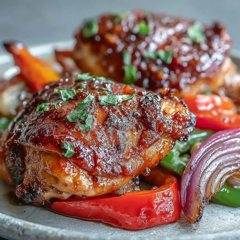 Goldbraun gebackenes Sheet Pan Honey Garlic Chicken & Naan, garniert mit frischem Koriander und Zitronenspalten. Die Paprikastreifen sind leicht charriert und die Sauce glänzt glasig auf dem Fleisch.