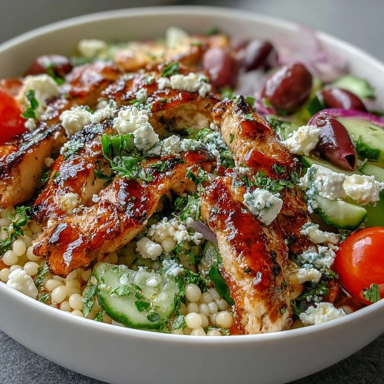 Hearty Mediterranean Pearl Couscous Chicken Bowls served with zesty dressing and lemon wedges.