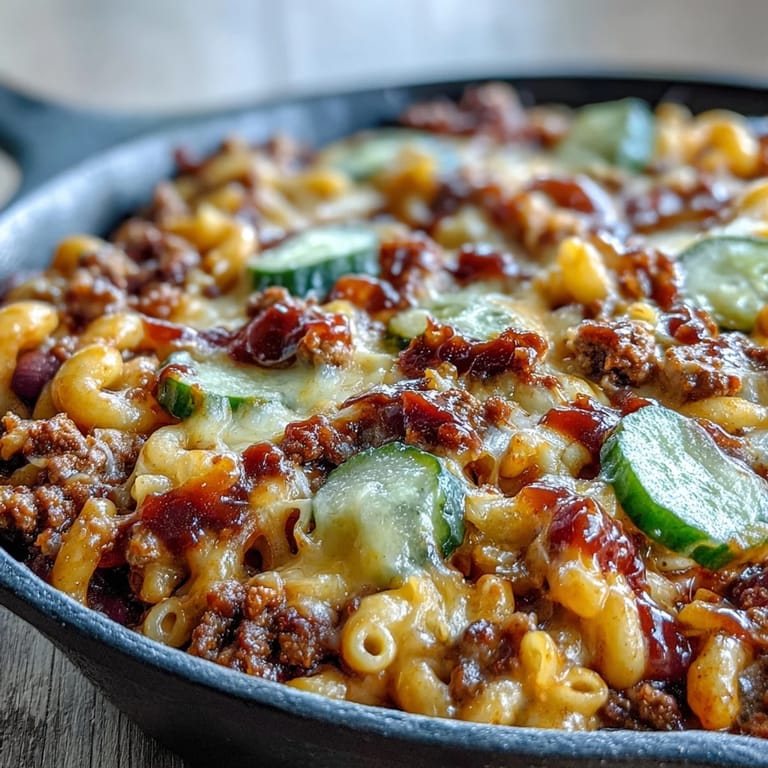 One-Pan Cheeseburger Chili Mac served in a bowl beside ketchup and mustard for dipping.