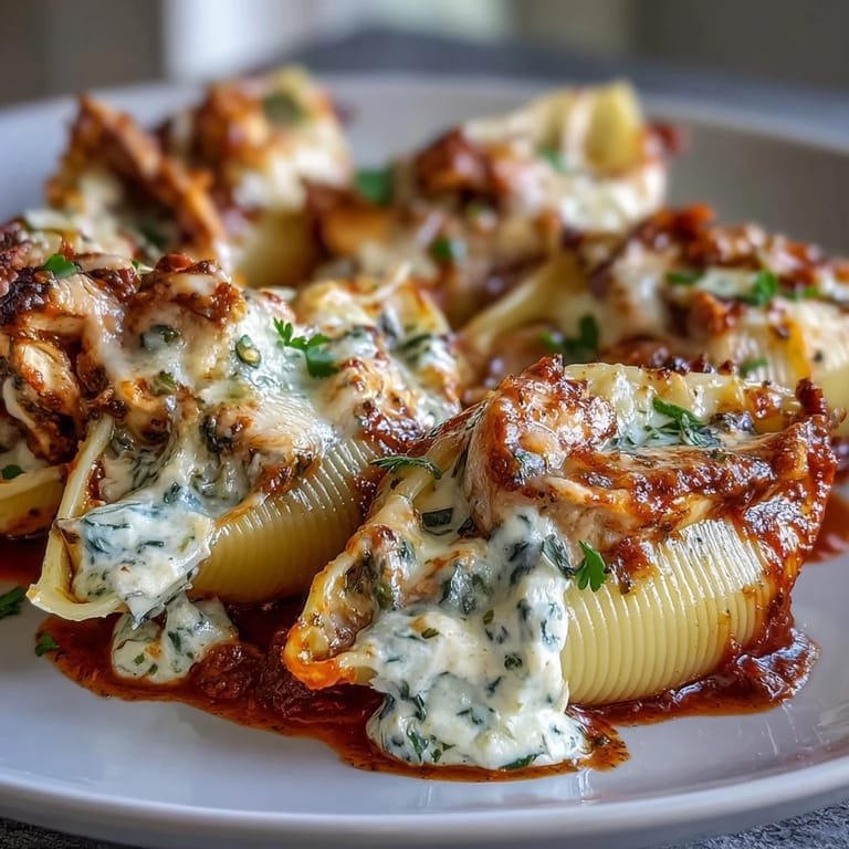 Freshly baked Pesto Chicken Stuffed Shells Lite served in a ceramic dish with crusty bread.