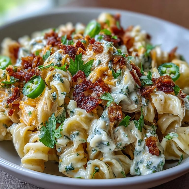 Gedünstete Nudeln in einer reichhaltigen Sauce: Cremige Jalapeño Popper Chicken Pasta garniert mit frischen Jalapeños.