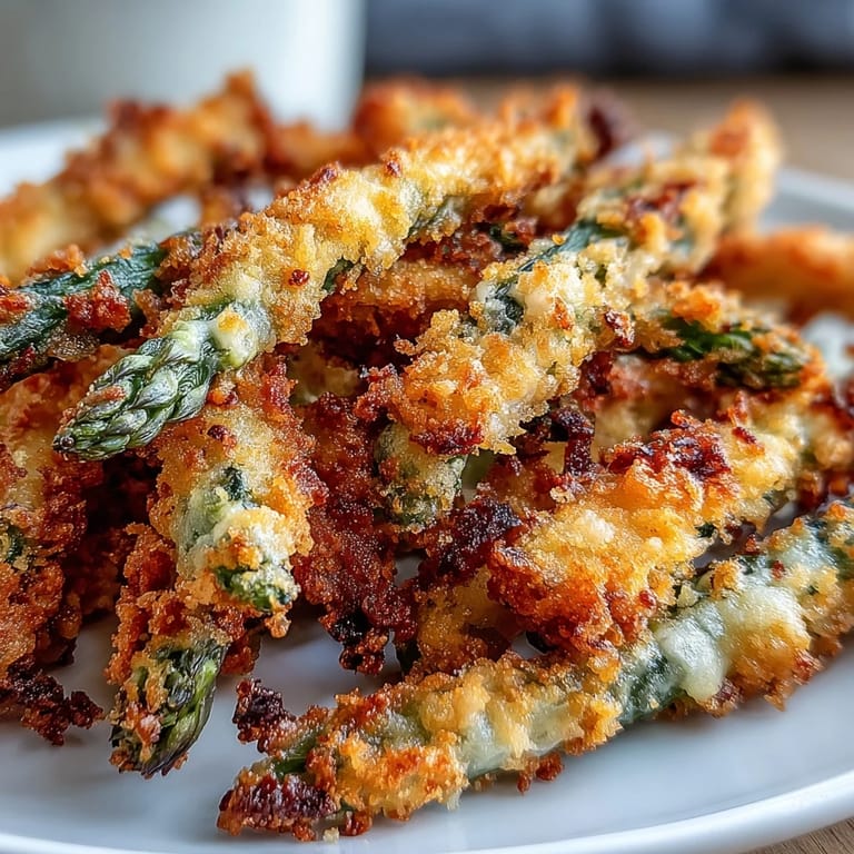 Tender asparagus spears coated in spicy chili-garlic breading, baked until crunchy and served hot.