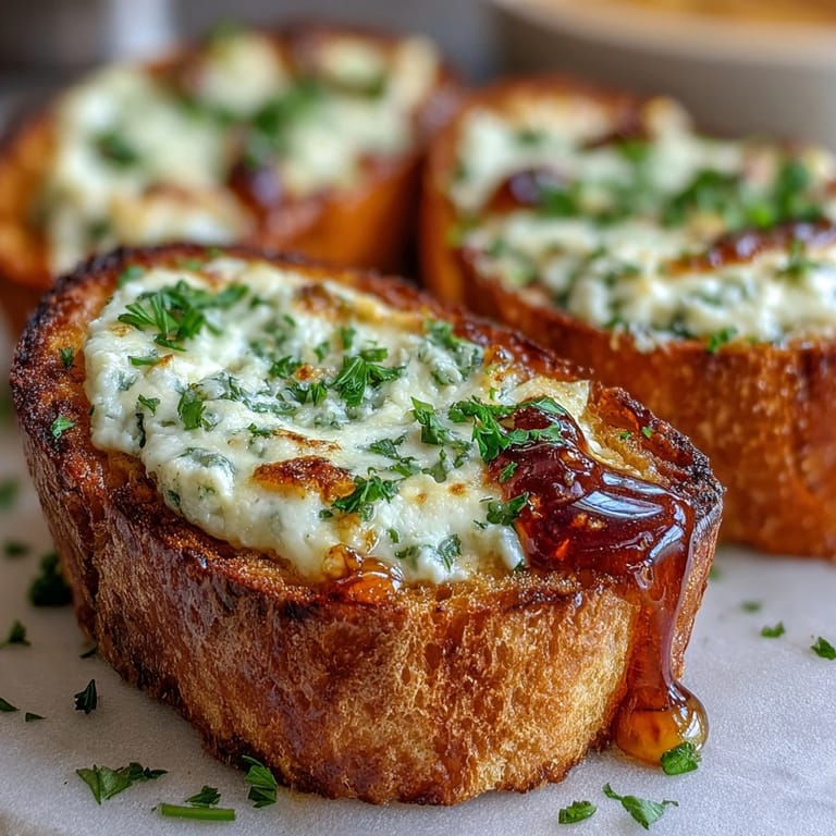 Eine belegte Baguette-Hälfte mit cremiger Knoblauch-Ricotta-Mischung, goldbraun gebacken und glänzend mit scharf-süßem Honig beträufelt