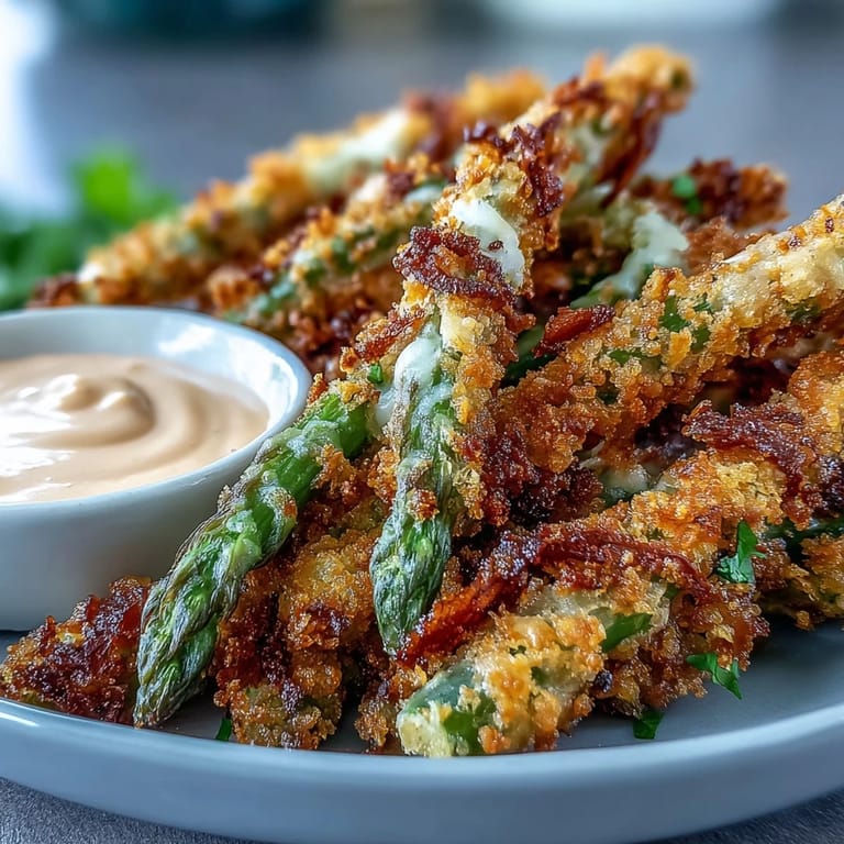 Knusprige, mit Panko-Kruste und Asiago-Käse überzogene Spargelstangen, begleitet von zitroniger Sriracha-Mayo.