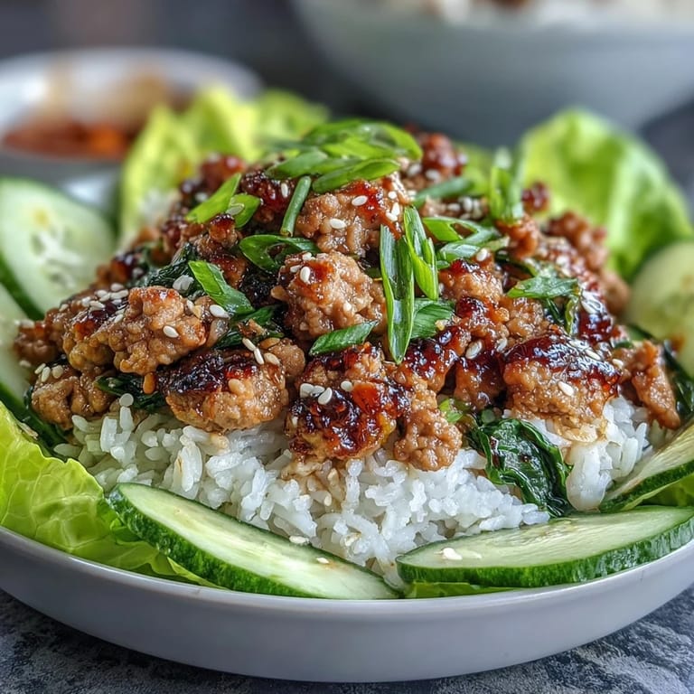 Zubereitete Sesame Turkey Lettuce Wrap Bowls mit würzig-süßer Sauce, Sesam-Geflügel, Reis und knackigem Gemüse für leckere Bowl.