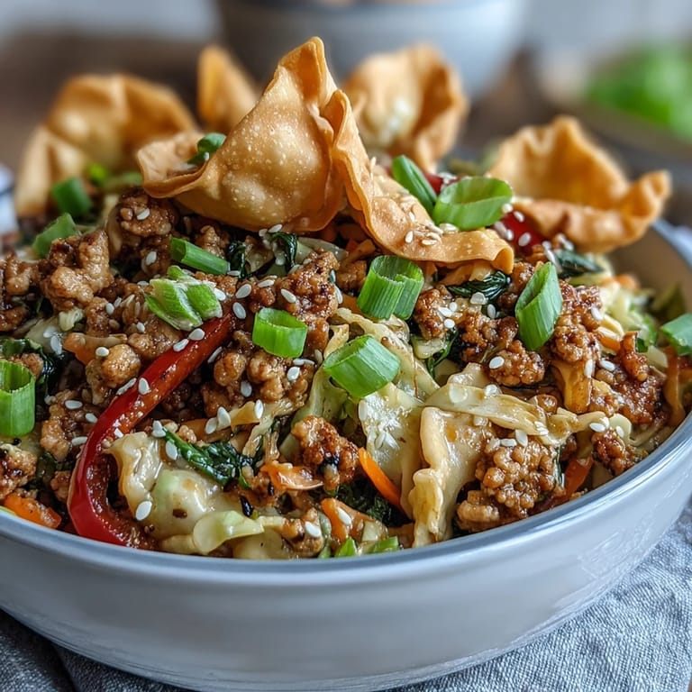 Steaming skillet of Ranch Turkey & Veggie Egg Roll Bowl ready to serve with green onions.