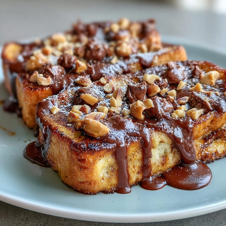 Sojigetränkte Brioche-Würfel im High-Protein Peanut Butter & Chocolate Baked French Toast, geröstete Erdnüsse und Schokotropfen oben drauf.